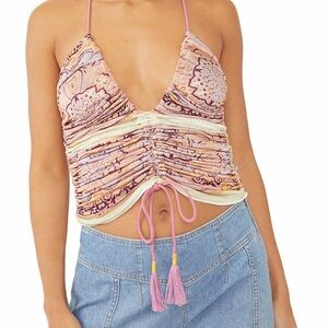 Free People Pink and Cream Ruched Crop Top